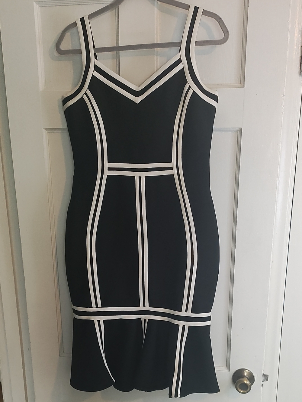 Fashion Nova figure flattering black and white striped v-neckline bandage dress